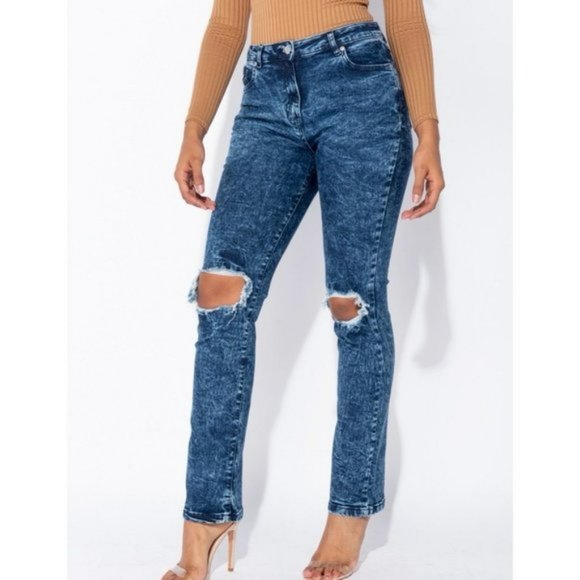 Blue Acid Wash High Waist Ripped Distressed Straight Leg Jeans Denim - Picture 3 of 13